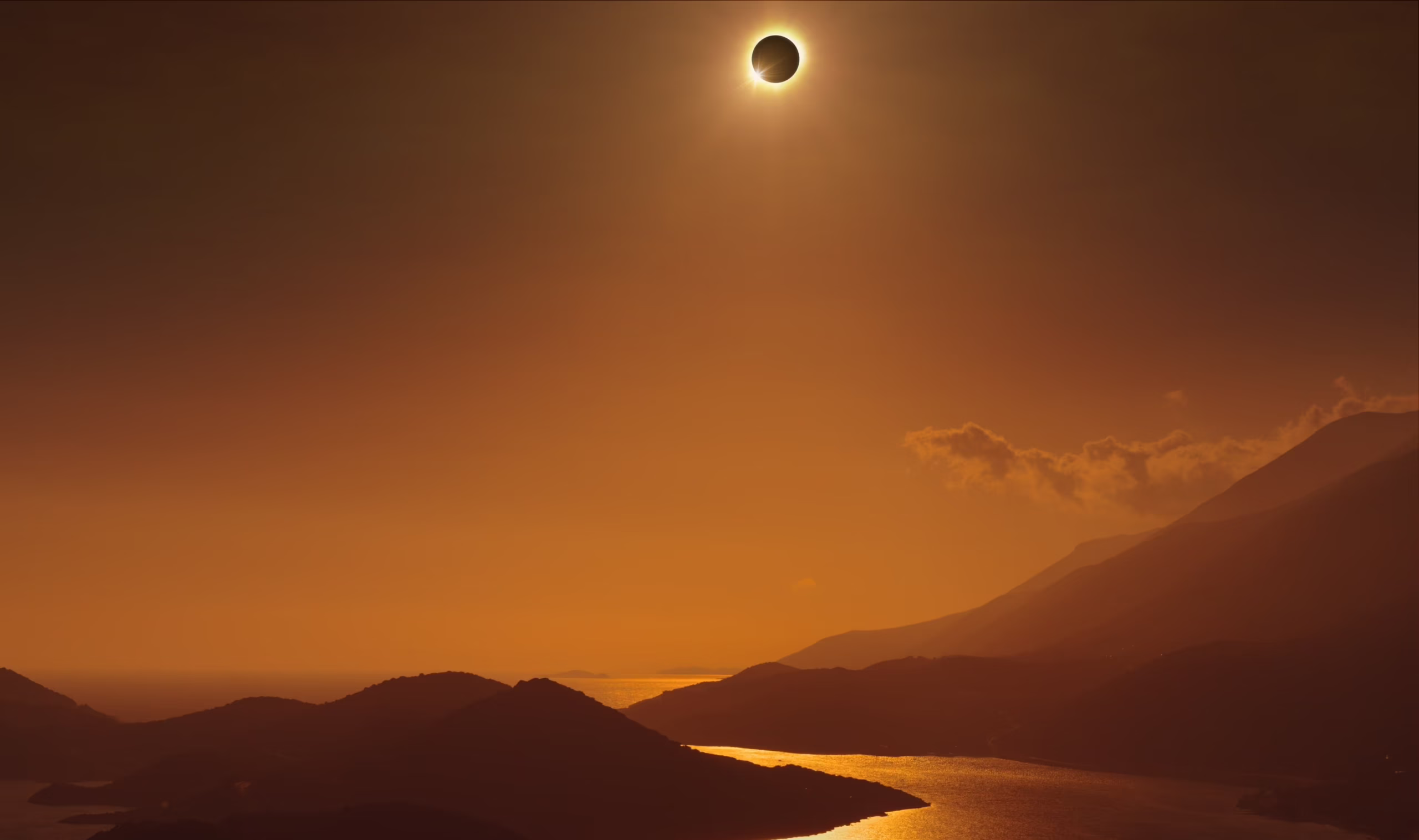Solar eclipse over Iceland with darkened sky and visible corona during the 2026 total eclipse